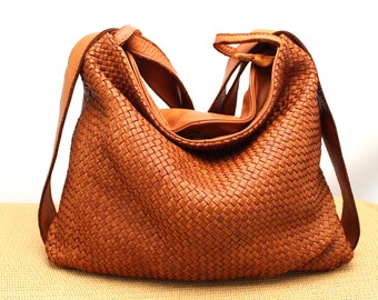 Woven Leather bags Convertible Weave Leather Backpack Soft Handbag