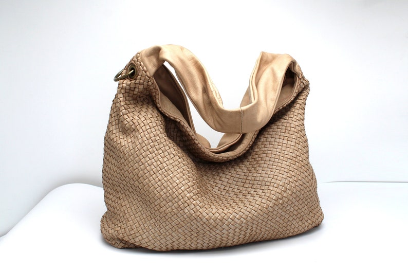 Leather Handbag Italy Leather Bag Woven Soft Leather Bellagio Large hobo bag BEIGE