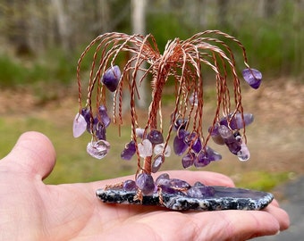 Amethyst Weeping Willow Tree, Weeping Willow Tree Sculpture, Copper Wire Wrapped Tree Sculpture, Small Gemstone Wire Tree, Gemstone Tree