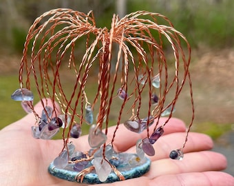 Flourite Weeping Willow Tree, Weeping Willow Tree, Agate Wire Tree Sculpture, Copper Wire Wrapped Tree Sculpture, Small Gemstone Wire Tree