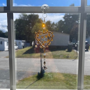 Gold Beaded Heart Sun Catcher, Sun Catcher, Rear View Mirror Accessories, Wall Decoration, Car Accessories, Evil Eye Rearview Mirror Charm