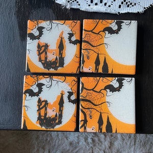 Halloween Coaster Set, 4 Piece Ceramic Coaster Set, Sparkly Halloween Coaster Set, Decoupage Square Coaster Set, Halloween Themed Decor