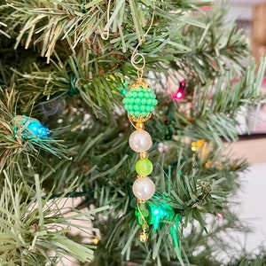 Handmade Beaded Icicle Ornament, Green Pearl Christmas Decor