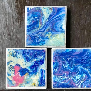Abstract Ceramic Coaster Set, 3 Piece Abstract Art Coaster Set, Ceramic Coaster Set, Square Coaster Set, Abstract Art Coasters, Fluid Art