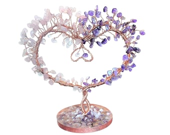 Gemstone Heart Wire Tree Sculpture, Amethyst Rose Quartz Cake Topper