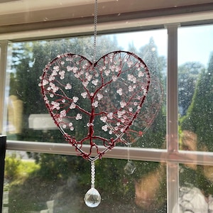 Red Tree of Life Heart Sun Catcher, Tree of Life Sun Catcher, Crystal Chakra Tree of Life, Red Wire Wrapped Tree of Life, Heart Sun Catcher