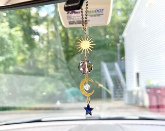 Celestial Crystal Suncatcher, Moon and Star Rear View Mirror Charm