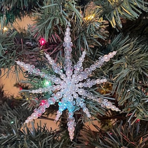 Snowflake Ornament, Ice Blue Snowflake, Beaded Pearl Snowflake, Handmade Christmas Ornament, Large Snowflake, Pearl Ornament, Home Decor