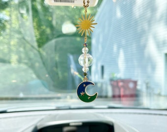 Moon and Star Crystal Suncatcher, Rear View Mirror Charm