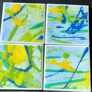 4 Piece Abstract Ceramic Coaster Set, Abstract Art Coaster Set, Ceramic Coaster Set, Square Coaster Set