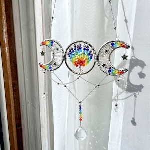 Tree of Life Moon Phases Sun Catcher, Beaded Tree of Life Sun Catcher, Rainbow Chakra Tree of Life, Mini Moon Phases Sun Catcher, Wall Decor