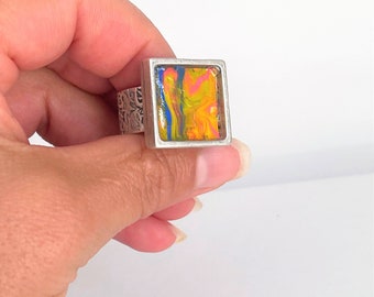 Abstract Art Statement Ring, Adjustable Silver Plated Band