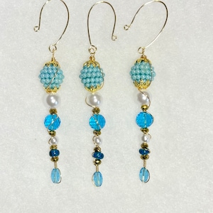 Beaded Icicle Christmas Ornament, Blue, Gold & Pearl