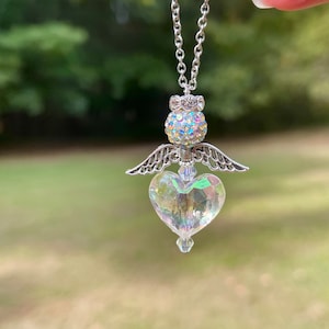 Angel Heart Rhinestone Rear View Mirror Charm, Guardian Angel Rearview Mirror Charms, Aurora Borealis Rhinestone Heart Angel Car Charm