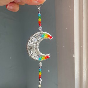 Rainbow Moon Sun Catcher, Sun Catcher, Rear View Mirror Accessories, Wall Decoration, Car Accessories, Moon and Star Rearview Mirror Charm