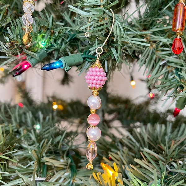 Beaded Icicle Ornament, Handmade Ornament, Wire Wrapped Ornaments, Christmas Ornament, Pink Icicle Ornament, Xmas Decor, Pearl Icicles