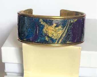 Abstract Art Cuff Bracelet, Gold Plated Brass, Acrylic Paint Jewelry