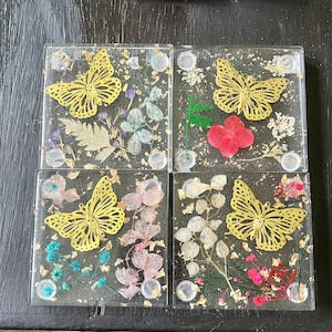 Butterfly and Flower Coaster Set, 4 Piece Coaster Set, Resin Coaster Set, Gold Butterfly Coasters, Flower Coasters, Home Decor, Table Decor