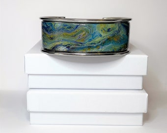 Abstract Acrylic Paint Cuff Bracelet, Rhodium Plated