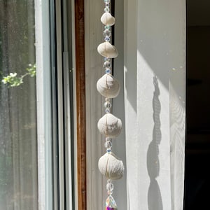 Puede incluir: Un carillón de conchas blancas con un prisma de cristal colgando de la parte inferior. El carillón está hecho de varias conchas enhebradas con cuentas transparentes y una cadena dorada.