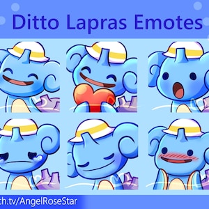 Könnte beinhalten: Sechs blaue Ditto Lapras Emotes, die jeweils einen anderen Ausdruck zeigen. Die Emotes zeigen eine blaue Kreatur mit einem weißen und gelben Hut. Der Text "Ditto Lapras Emotes" steht oben und "Twitch.tv/AngelRoseStar" unten.