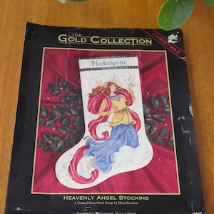 Vintage 1994 Dimensions The Gold Collection Counted Cross Stitch Kit Christmas Stocking 'Heavenly Angel' #8450 Open package