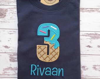 Geburtstagsshirt für Mädchen und Junge/T-shirt mit Zahl 1-9 und Name/ Zahl mit Eiscreme Motiv/ Personalisiertes Shirt