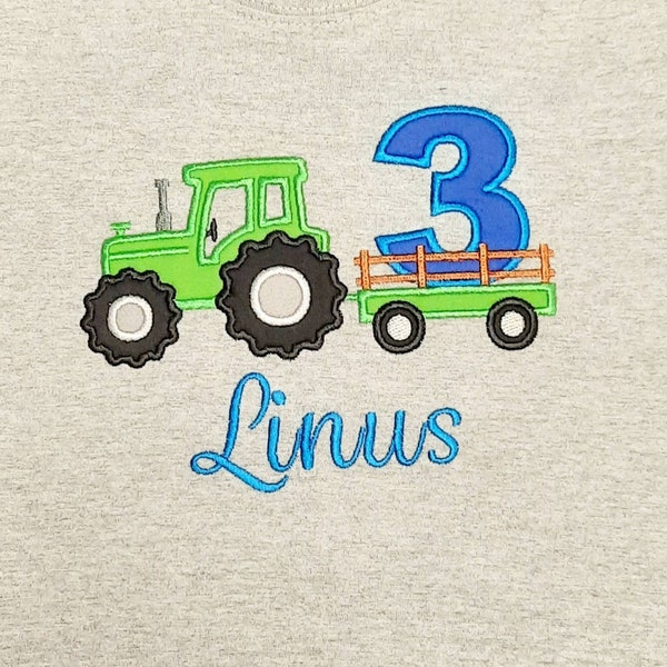 Besticktes Traktor Geburtstagsshirt für Kinder, Geburtstagsshirt Junge, personalisierbar mit Zahl und Name