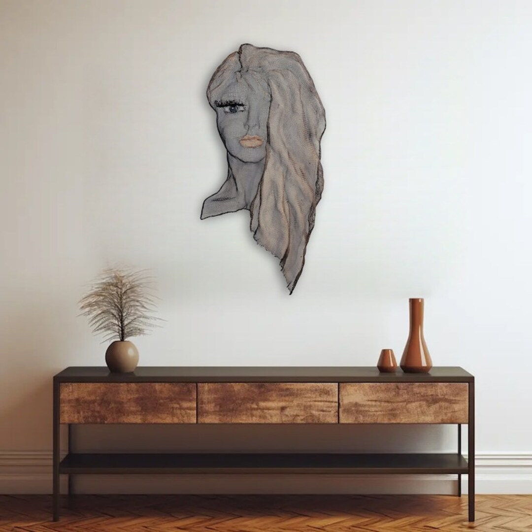 3D Iron Mesh Wall Statue, Modern Wire and Mesh Sculpture, Woman Face ...