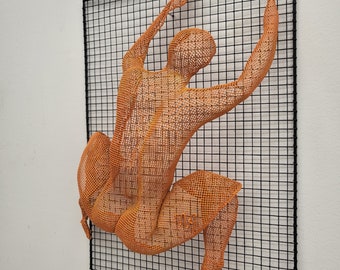 Orange Wire Climber Man: 3D Iron Mesh Sculpture for Wall Art Decor