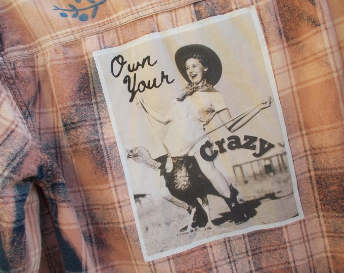 Distressed Flannel Shirt With Back Patch Quote Acid Washed Bleached