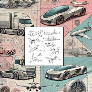 May include: A collection of black and white line drawings of different types of aircraft, including a jet plane, a propeller plane, and a small plane. The drawings are on a white background.