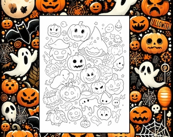 May include: A black and white coloring page featuring a variety of pumpkins, ghosts, and other Halloween-themed imagery. The page is titled "0021" in the bottom right corner.
