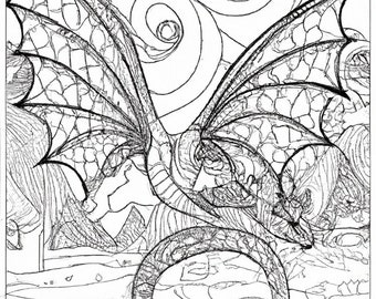 Psychadelic Trippy Dragon and Dragonland Digital Printable Coloring Page Difficult Many lines