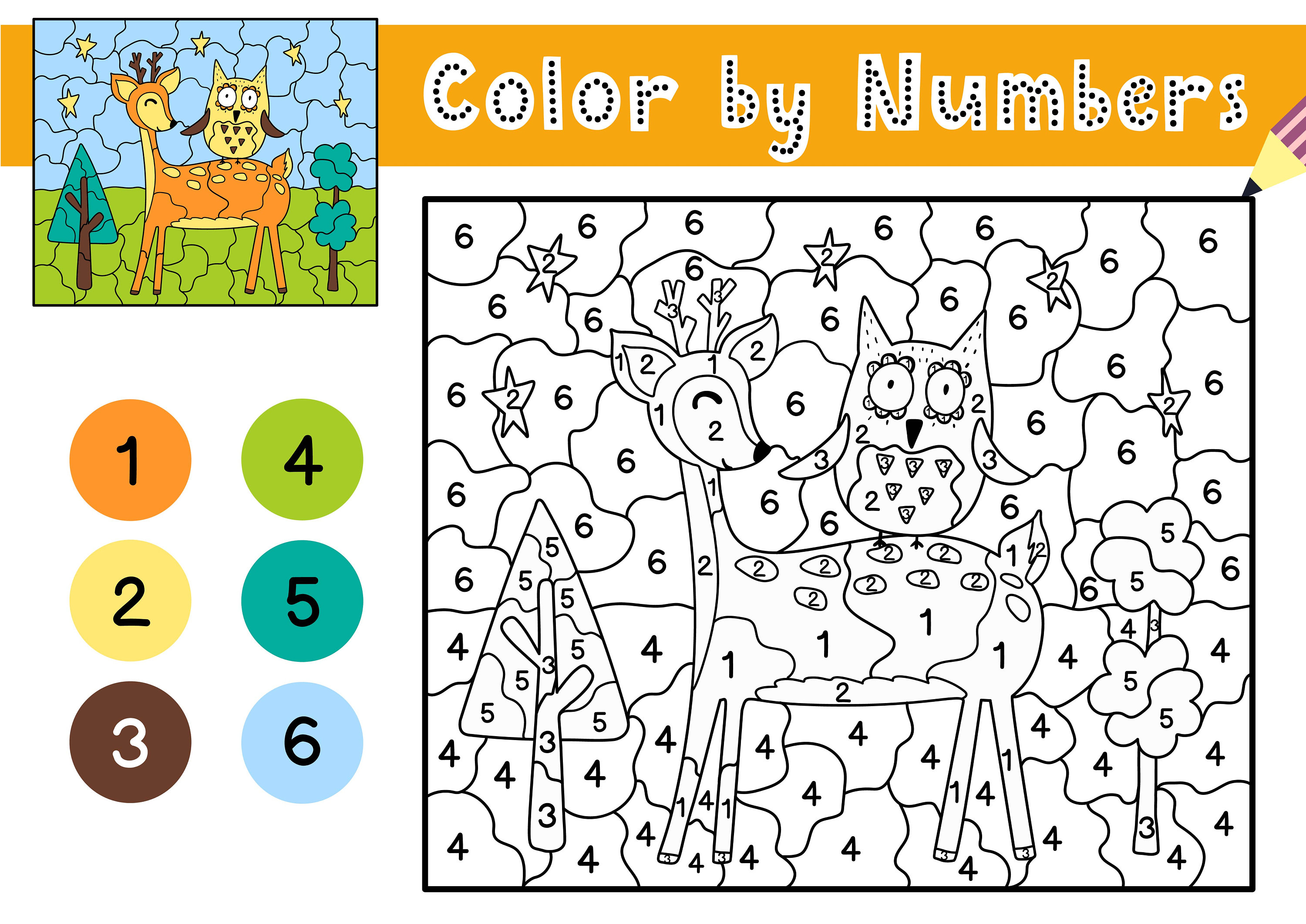 Kids Color by Number Game Easy Level Owl and Deer Etsy