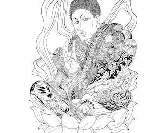 Stylish Buddha Digital Printable Coloring Page Medium Difficulty