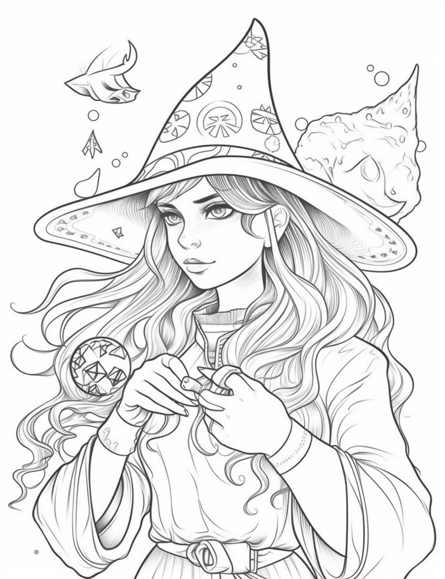 Halloween Coloring Set With Beautiful Witch Girls In Costumes