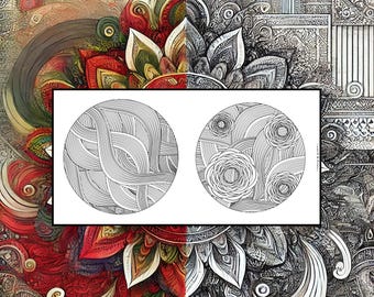 Peut inclure: Deux mandalas circulaires en noir et blanc. Le premier motif présente une série de lignes courbes qui se chevauchent. Le deuxième motif présente une série de lignes courbes qui se chevauchent et une fleur au centre.