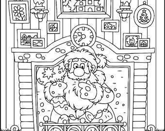 Santa In Chimney Digital Printable Coloring Page