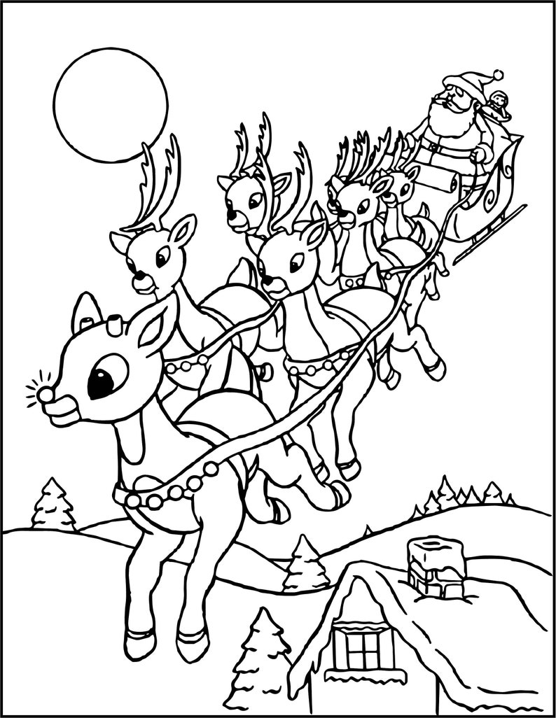 Santa and His Sleigh Digital Printable Coloring Page - Etsy