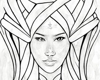 Hand drawn woman warrior fantasy digital portrait coloring page art