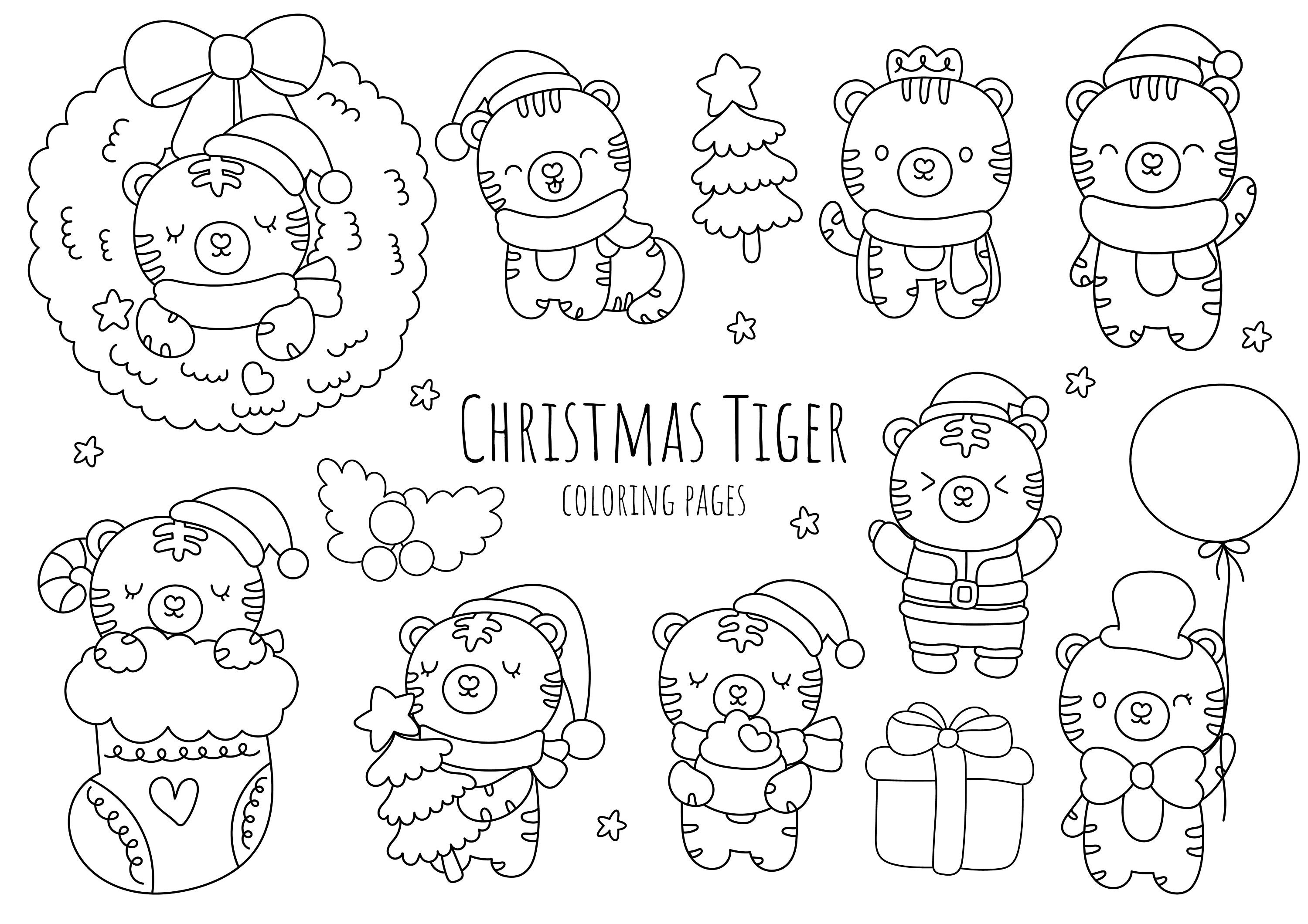 Digital Printable Cute Christmas Tiger Holiday Season Coloring Book 9