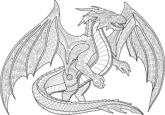dragon digital printable coloring page medium difficulty etsy denmark