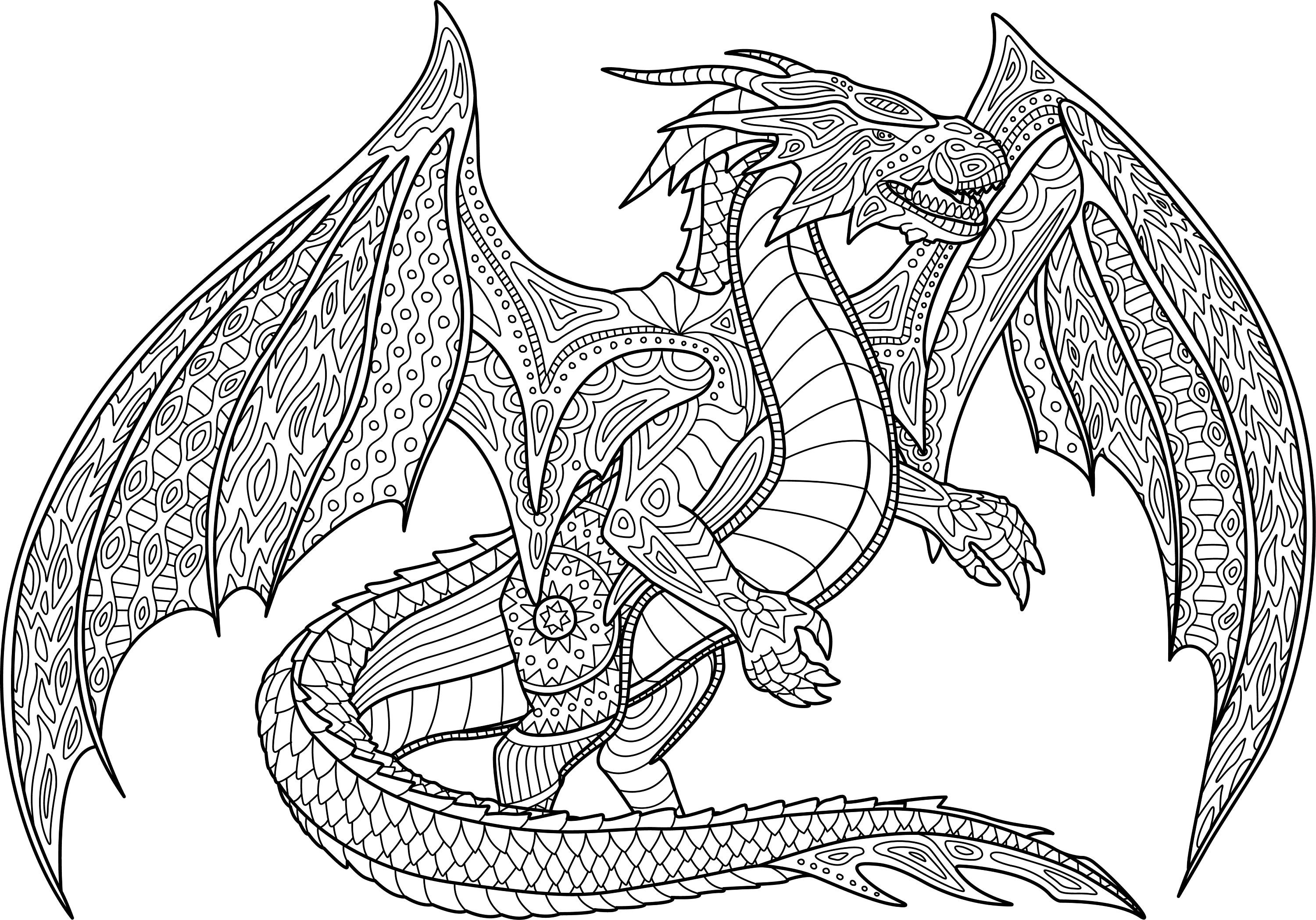 Dragon Digital Printable Coloring Page Medium Difficulty Etsy Finland