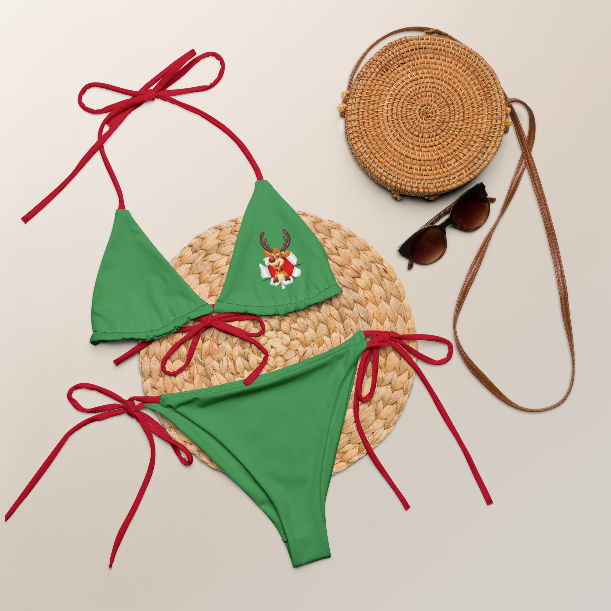 Christmas Rudolph Reindeer Accent Women's Sling Bikini Swimsuits