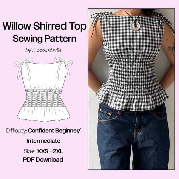 Willow Shirred Peplum Top Sewing Pattern | Boatneck Top Sewing Pattern | Sizes XXS - 3XL