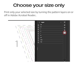 Peut inclure: Capture d'&eacute;cran num&eacute;rique avec un menu de s&eacute;lection de taille, incluant XS, S, M, L, et XL. Le texte "Choose your size only" est en haut. Instructions pour imprimer la taille s&eacute;lectionn&eacute;e en ajustant les calques dans Adobe Acrobat Reader.