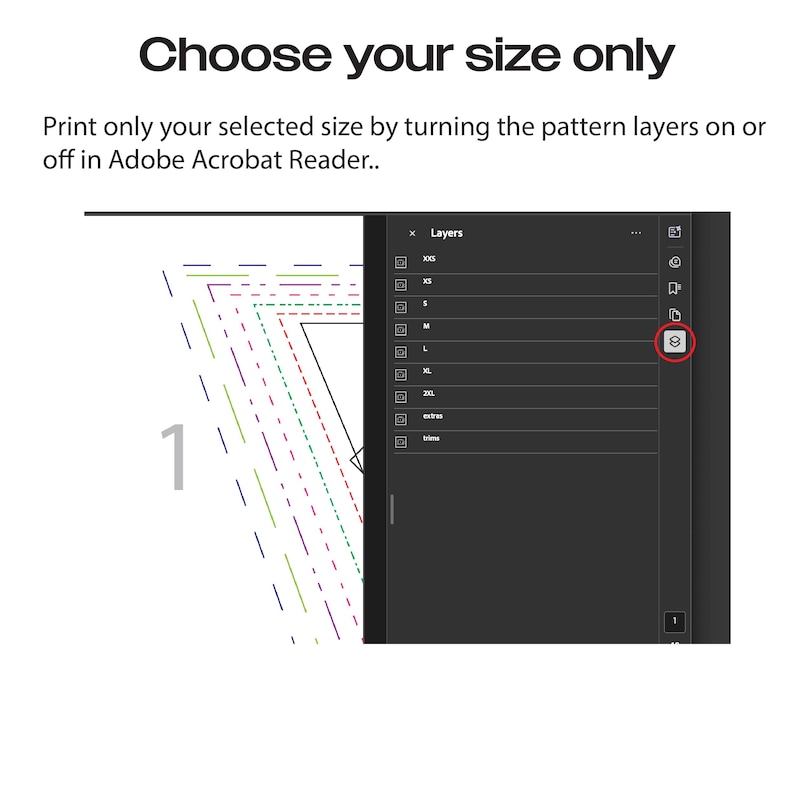 Peut inclure: Capture d'&eacute;cran num&eacute;rique avec un menu de s&eacute;lection de taille, incluant XS, S, M, L, et XL. Le texte "Choose your size only" est en haut. Instructions pour imprimer la taille s&eacute;lectionn&eacute;e en ajustant les calques dans Adobe Acrobat Reader.
