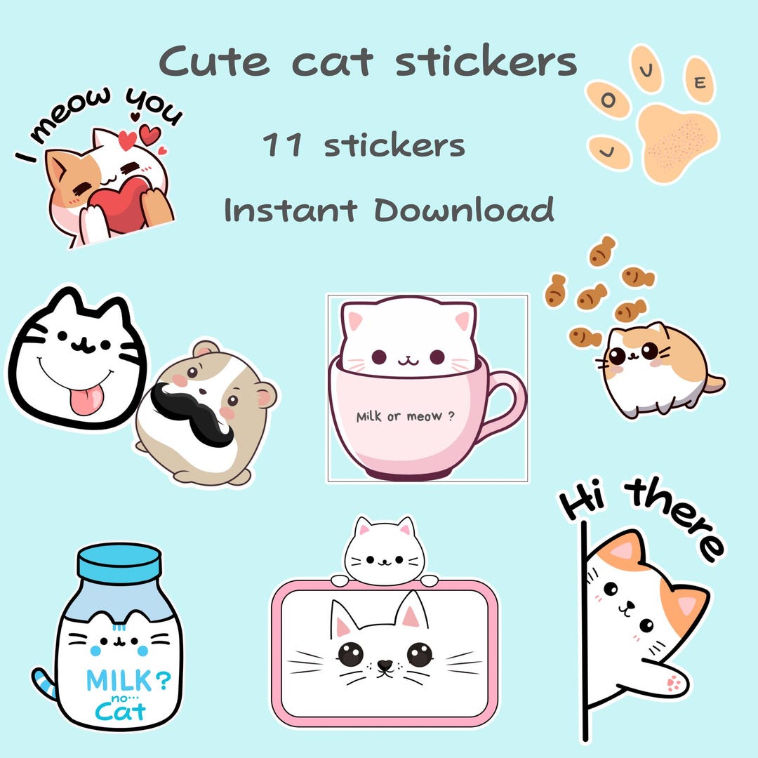 Cute Cat Stickers PNG Bundle | Kawaii Cat Planner Stickers | Printable ...