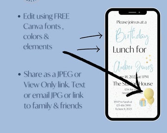 Editable Mobile Birthday Party Invitation Template|Celebrate Lunch Invite Email|Paperless Textable Eco-Friendly|Customizable Evite